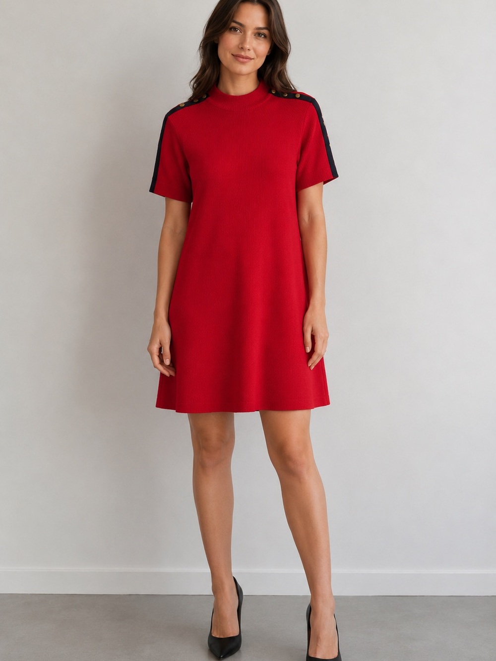 Tory Burch Red Short-Sleeve Mini Dress with Black Shoulder Trim